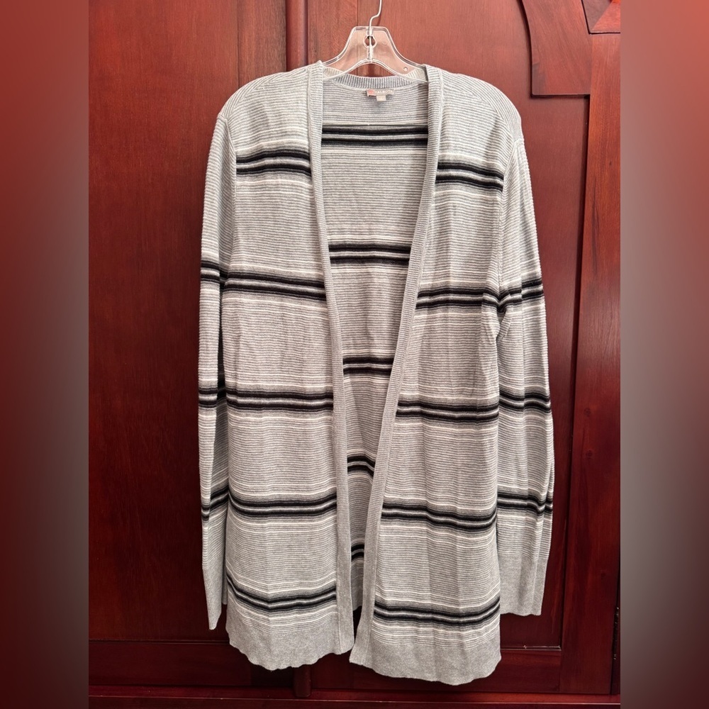 T by Talbots striped, open-front cardigan sweater grey and black stripe Size L